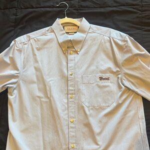 Gucci Men’s Light Blue Pinstripe Cotton Shirt — Retro Script Logo